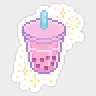 Pink Kawaii Pixel Art Boba Bubble Tea Design Sticker